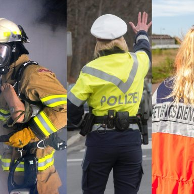 Etienne Döhler – Traumapädagoge und Fachberater aus Kerken NRW Feuerwehrmann, Polizeibeamtin und Frau in Arbeitskleidung stehen nebeneinander.